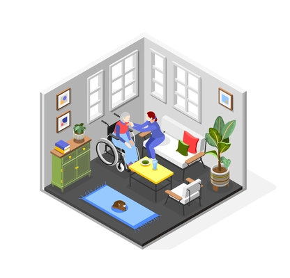 Nurse or relative feeding disabled old woman in wheelchair with dementia symptoms isometric composition 3d vector illustration