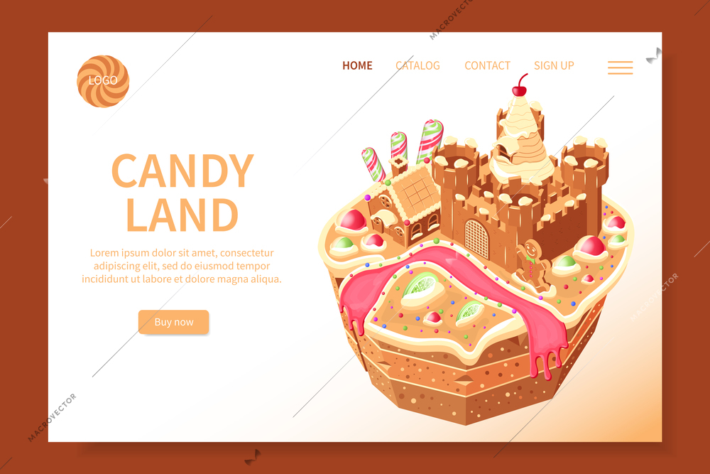 Candy land isometric web site with horizontal landing page gingerbread houses on pancake with text links vector illustration