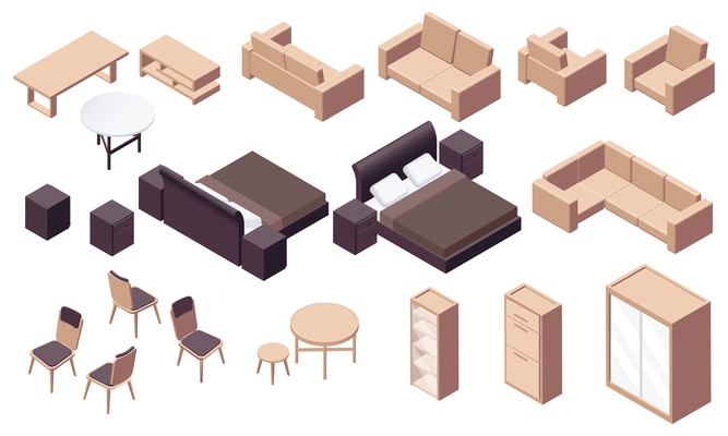 Furniture isometric set with isolated icons of modern furniture with beds chairs cabinets and bedside tables vector illustration