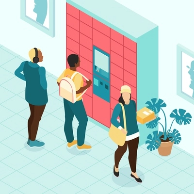 Isometric self service postamat composition three people in room two of them receive parcel in post office vector illustration