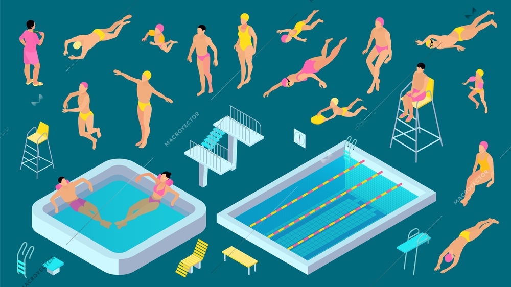 Isometric swimming pool color icon set deep sports pool hot tub people in yellow hats and swimming suits swim in variety of styles vector illustration
