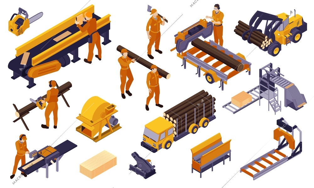 Isolated colored isometric sawmill lumberjack icon set yellow machines tools and equipments vector illustration