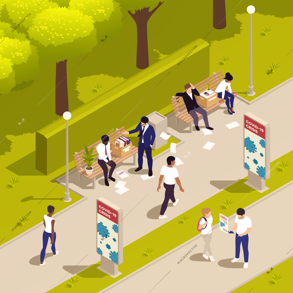 Unemployment isometric composition with jobless people in the park vector illustration