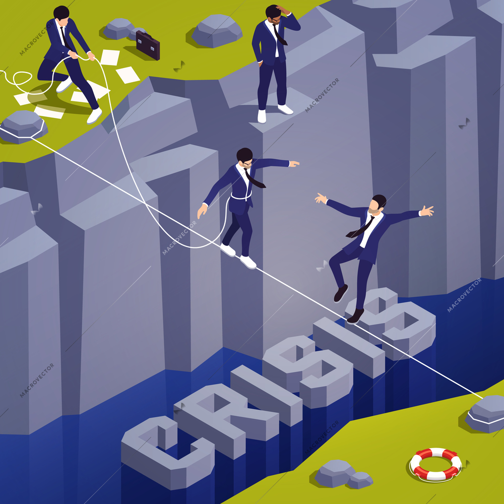 Crisis management isometric composition with business men balancing on the rope vector illustration