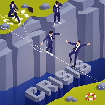 Crisis management isometric composition with business men balancing on the rope vector illustration