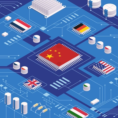 Digital government isometric concept with microchip and national flags vector illustration