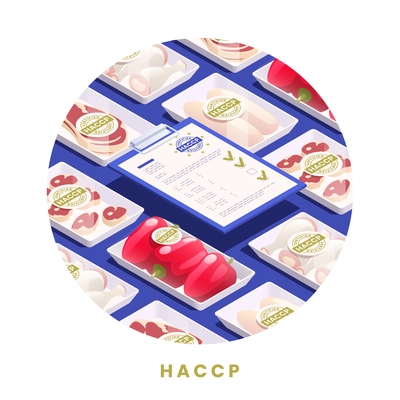 HACCP food safety concept with packed products and certificate isometric vector illustration