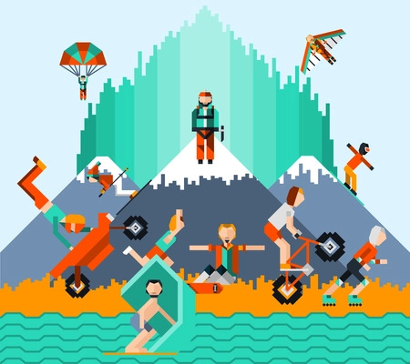 Extreme sports concept with people skating windsurfing cycling parachute jumping vector illustration