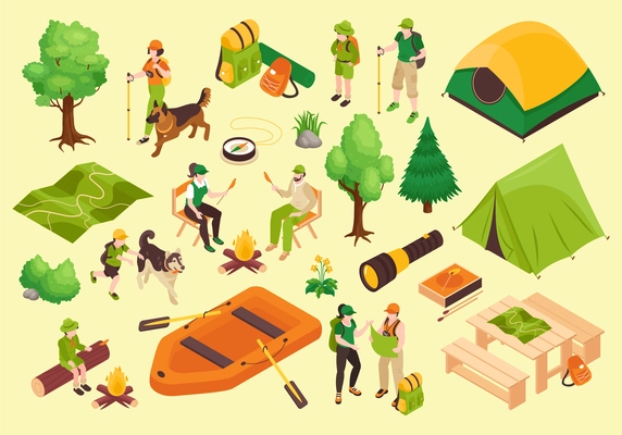 Isometric hiking and camping color set of isolated icons with tents backpack contents and human characters vector illustration