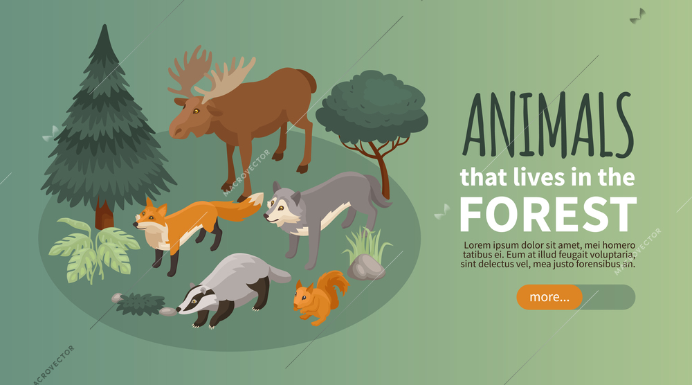 Isometric forest animal horizontal banner with animals and plants on round platform editable text and button vector illustration