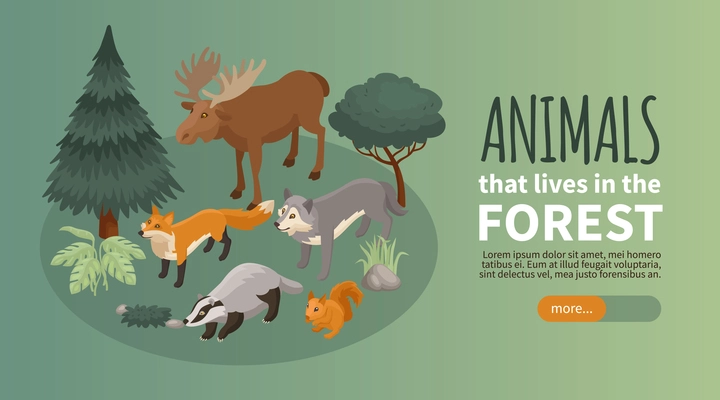 Isometric forest animal horizontal banner with animals and plants on round platform editable text and button vector illustration