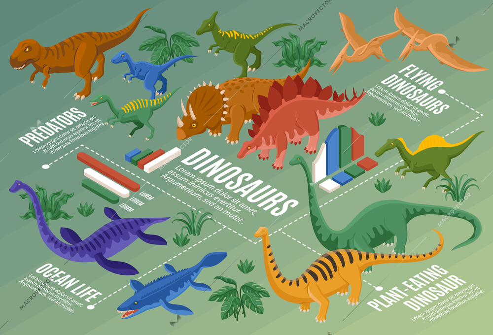 Isometric dinosaurs horizontal composition with colored icons of ancient reptiles with bar chart elements and text vector illustration