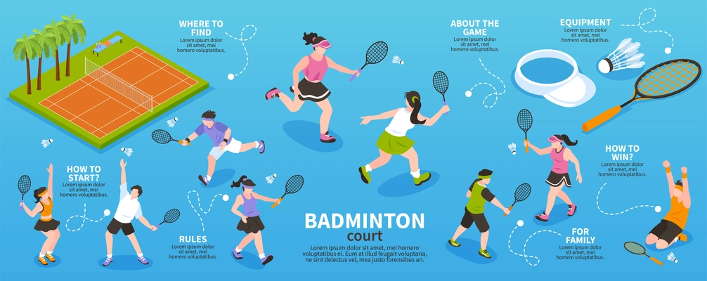 Isometric badminton infographics with editable text captions and characters of players with pieces of professional equipment vector illustration