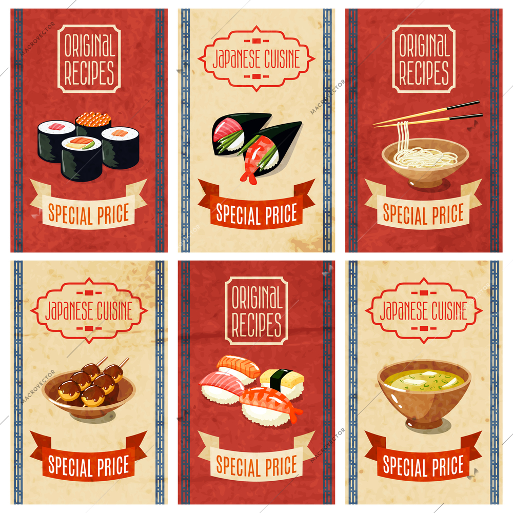 Asian food original recipes japanese cuisine special price banners set isolated vector illustration