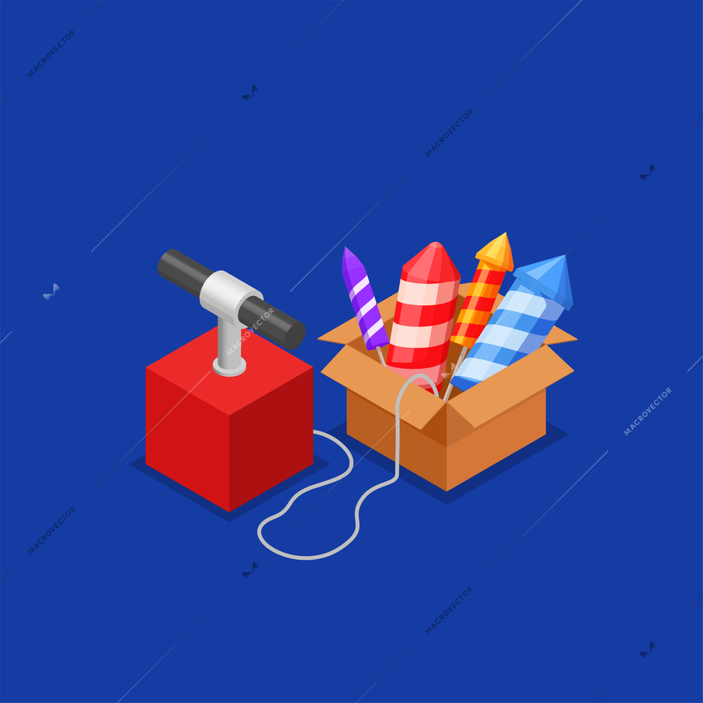 Fireworks isometric composition with box full of colorful petards vector illustration