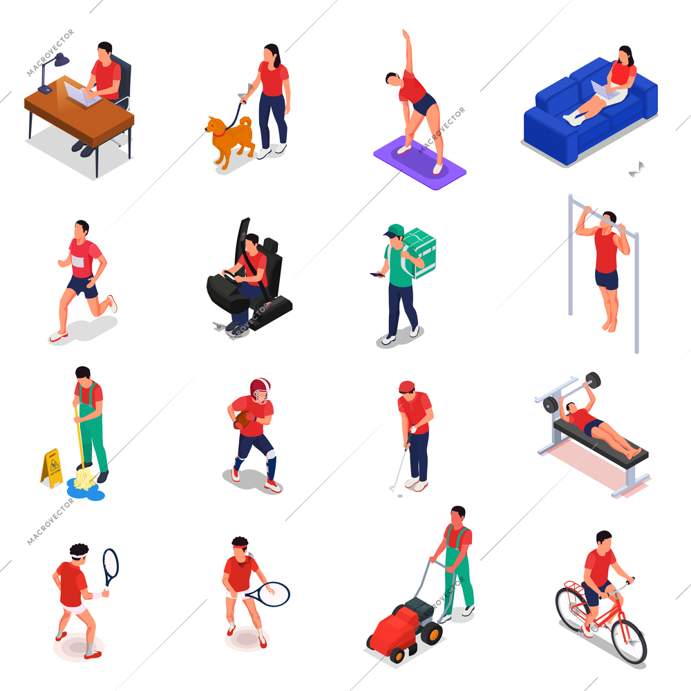 Physical activity isometric icons set with people doing sport isolated vector illustration