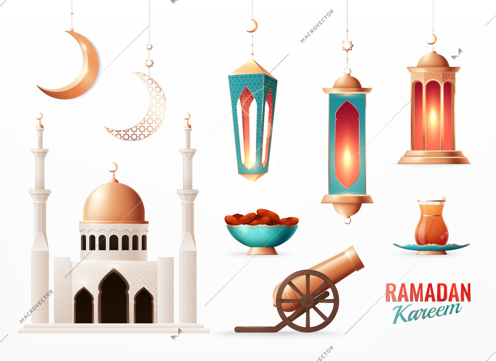 Ramadan set of realistic icons with text isolated images of lanterns hanging moon and mosque building vector illustration