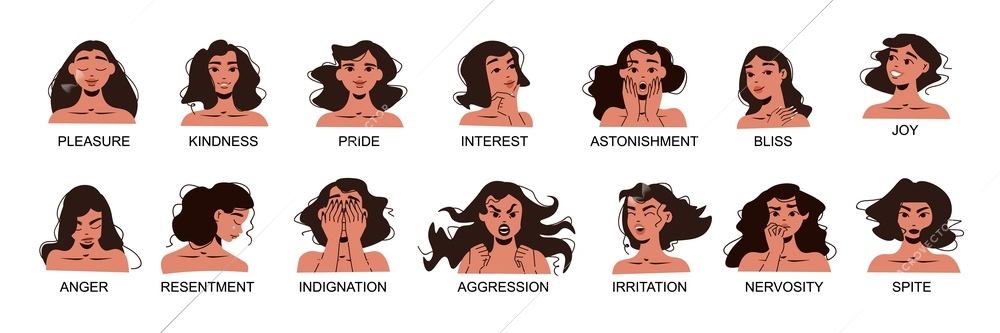 Woman emotions and mood set with positive and negative symbols flat isolated vector illustration