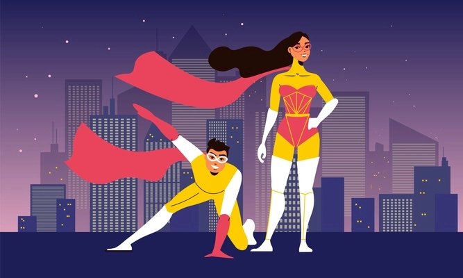 Superhero flat urban composition with man and woman with red fluttering cloaks standing on roof of skyscraper at city building night silhouettes background vector illustration