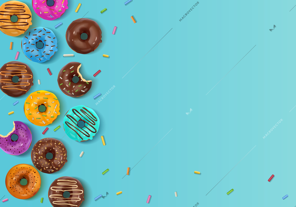 Blue background with track of colorful whole and bitten donut cakes realistic  vector illustration