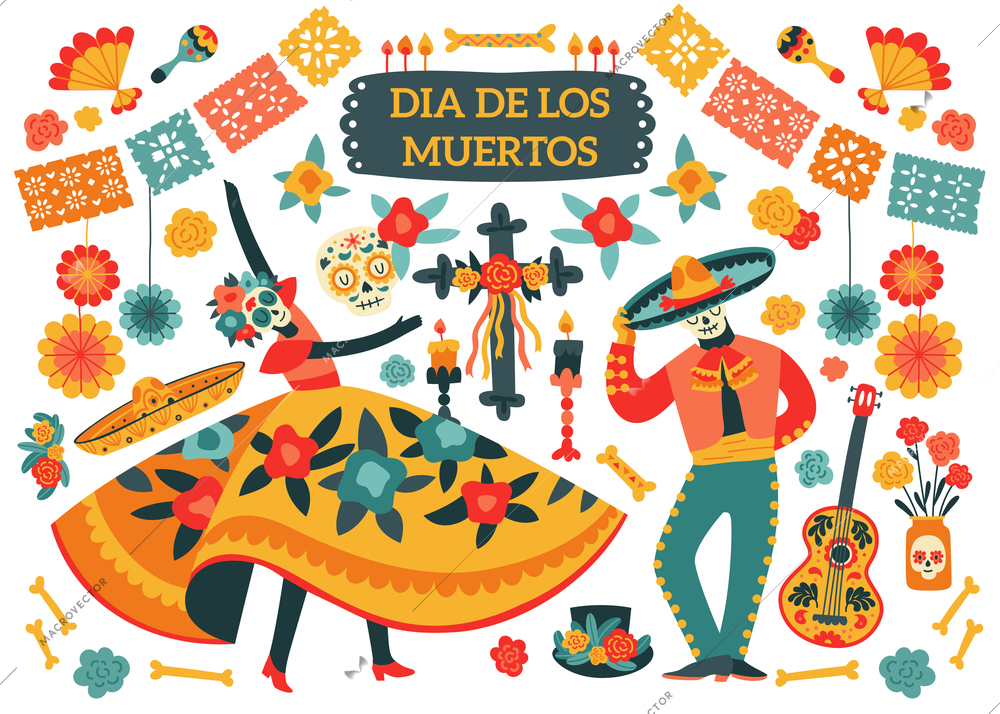 Dead day festival with colorful symbols of mexican holiday and people wearing traditional costumes and skull masks flat vector illustration