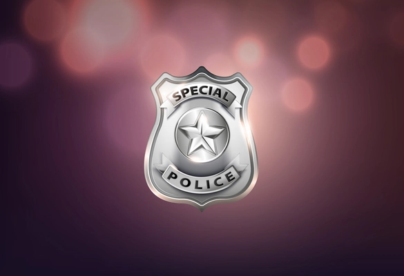 Police badge background realistic composition with blurry background and shiny image of silver shield with star vector illustration
