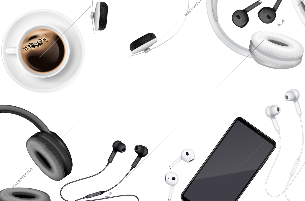 Headphones wireless realistic composition with top view of table with cup of coffee smartphone and phones vector illustration