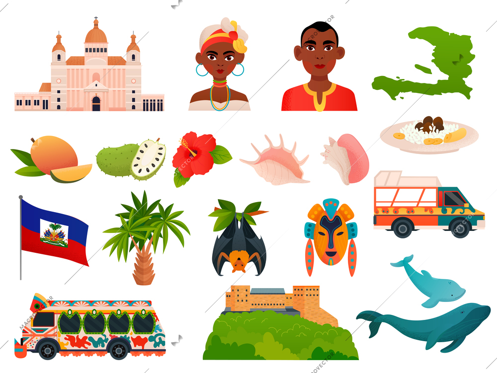 Haiti flat set with haitian nature landmarks people isolated on white background vector illustration