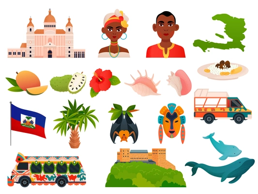 Haiti flat set with haitian nature landmarks people isolated on white background vector illustration