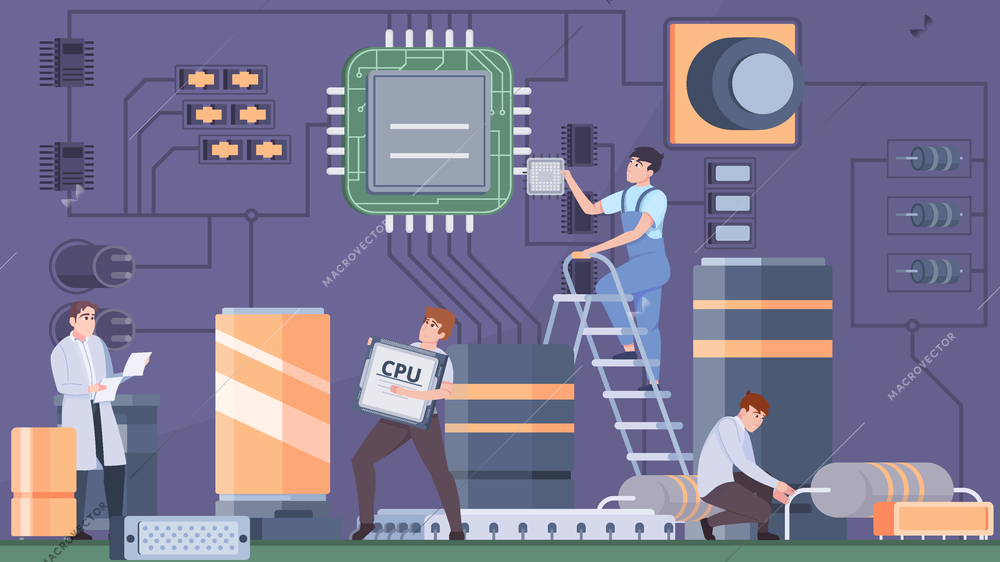 Micro chips assembly background with cpu symbols flat vector illustration