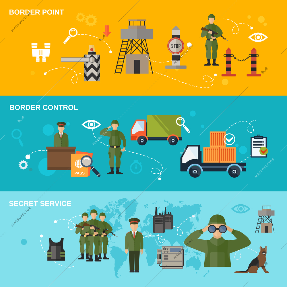 Border guard banner set with point control secret service isolated vector illustration