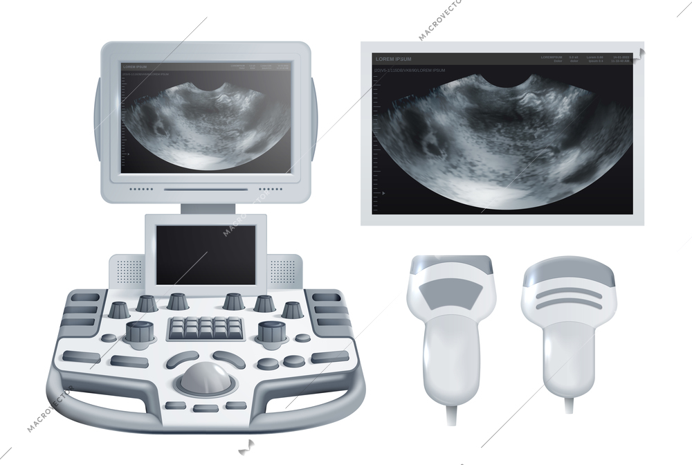 Medical ultrasonography checkup equipment with transducers and  monochrome snapshots realistic design concept isolated vector illustration