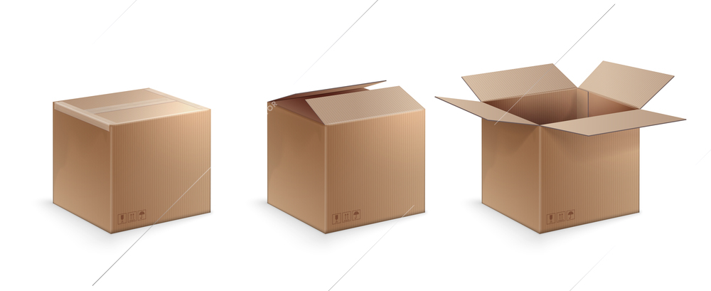 Three position of cardboard box opened covered and sealed isolated on white background vector illustration