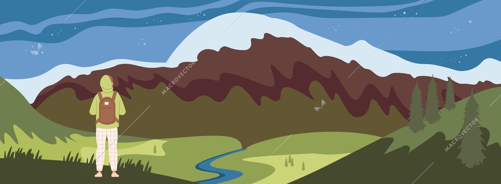 Traveling people horizontal poster with backpacker reaching high top against snow capped mountains background flat vector illustration