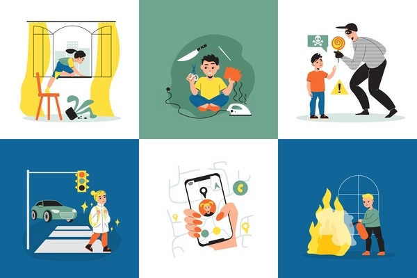 Children safety design concept set of six square icons depicting various dangerous situations with kids at home and street  flat vector illustration