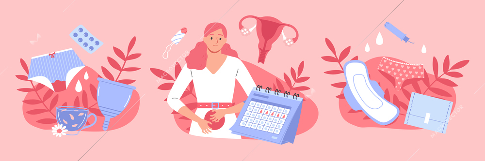 Menstruation flat design concept with calendar and feminine hygiene products on pink background horizontal vector illustration