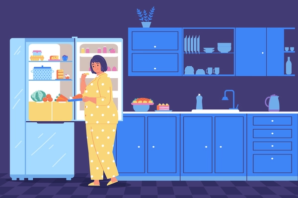 Nightly overeating and gluttony background with fat woman eating near open refrigerator flat vector illustration