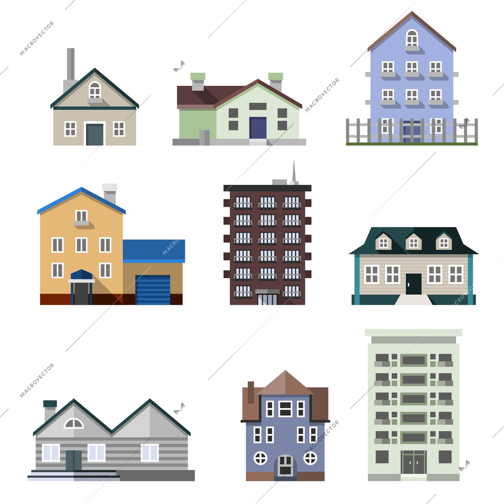 Residential house dwelling flat buildings real estate decorative icons set isolated vector illustration