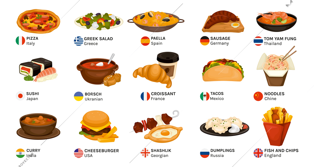 Cuisine world flags set with isolated country flag icons with text attached to served dishes images vector illustration