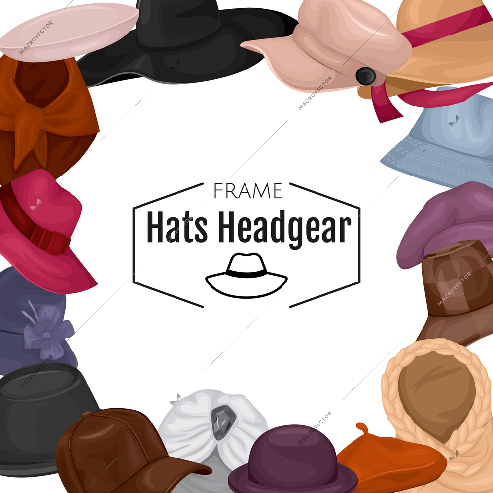 Hats frame composition with logo style text surrounded by lots of male and female hats images vector illustration