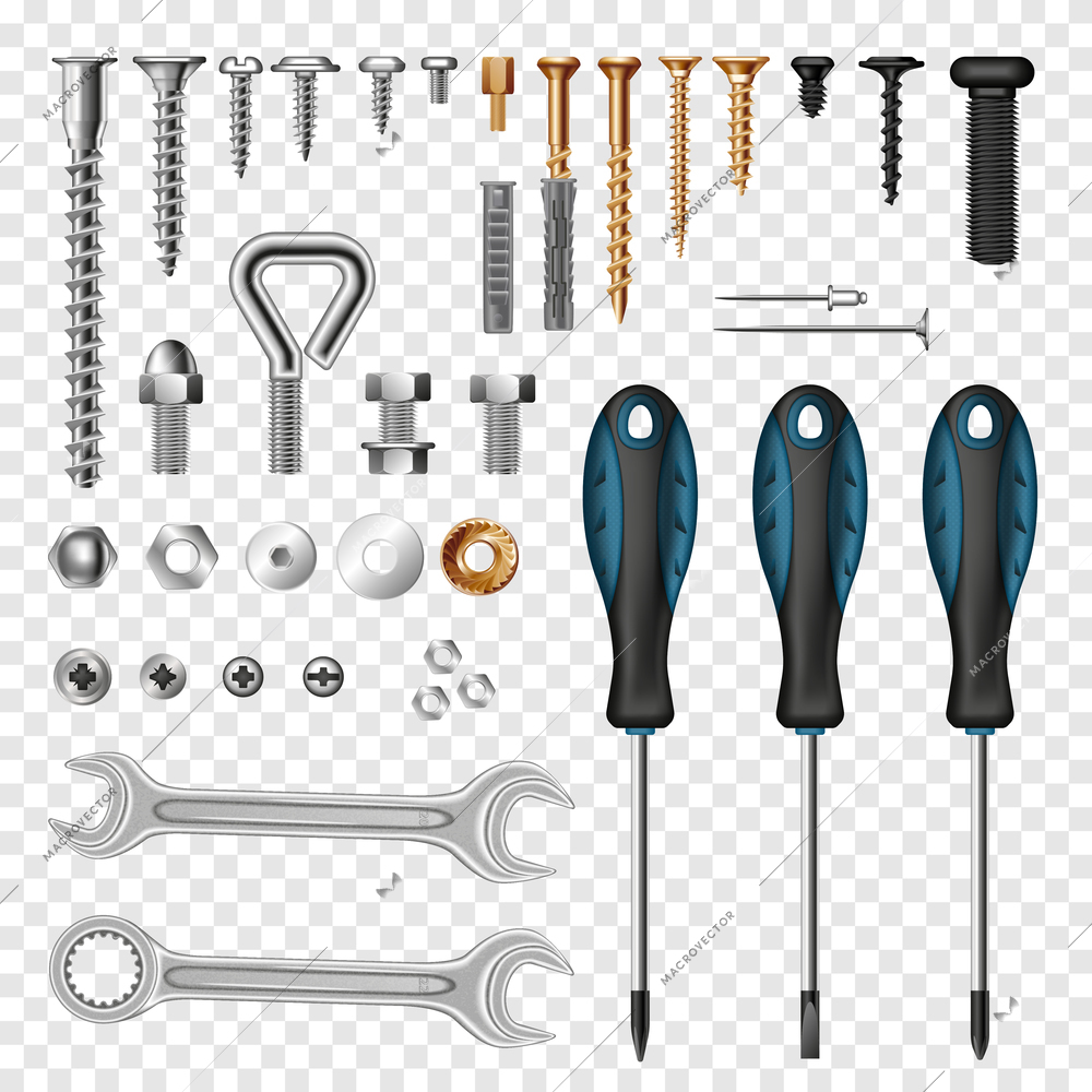 Screws bolts and tools realistic transparent set isolated vector illustration