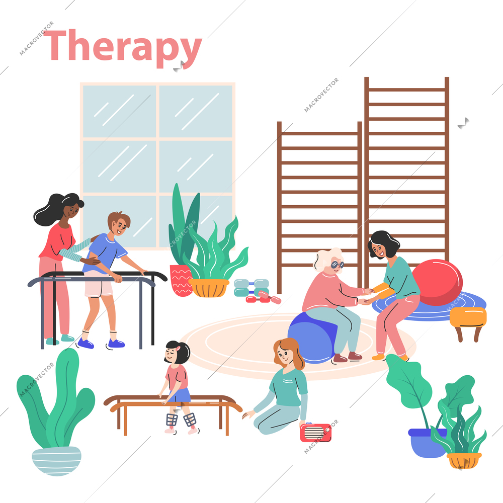 Physiotherapy and rehabilitation concept with therapy symbols flat vector illustration