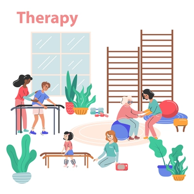 Physiotherapy and rehabilitation concept with therapy symbols flat vector illustration