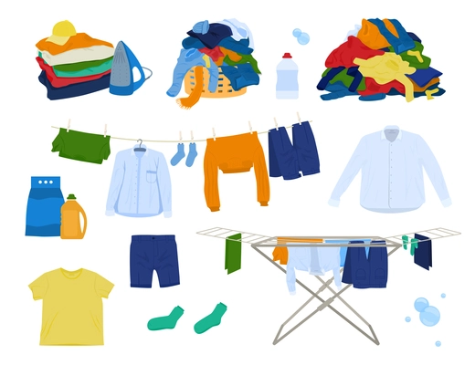 Set with laundry clothes flat icons and isolated images of dirty and freshly washed textile goods vector illustration