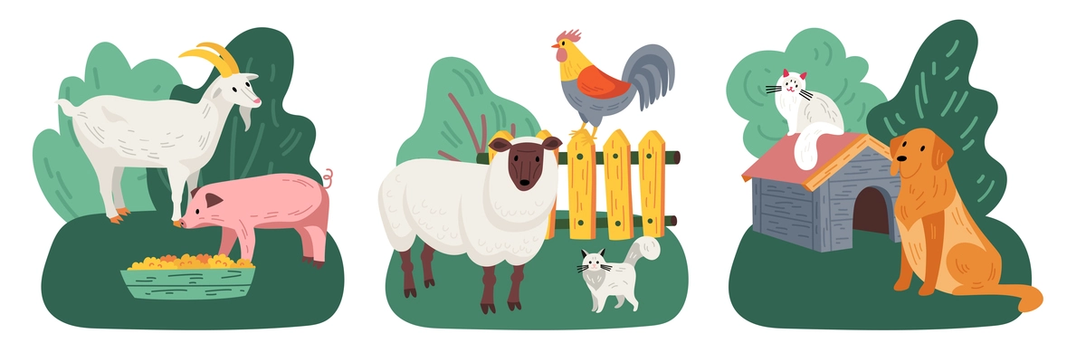 Colored farm animal icon set with goats and pigs sheep and roosters dogs and cats on green farm vector illustration