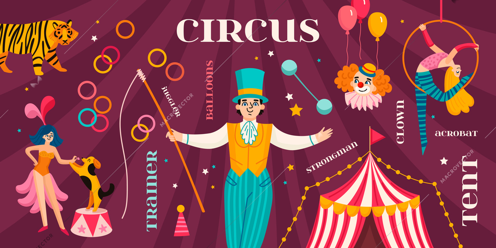 Circus infographic set with tramer balloons juggler strongman crown acrobat and tent descriptions vector illustration