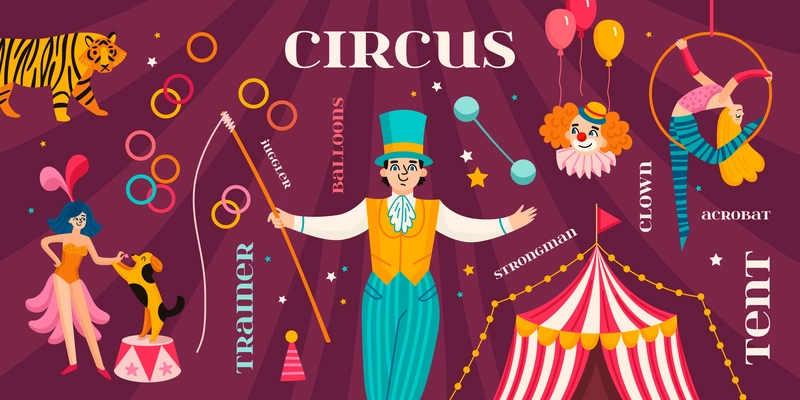 Circus infographic set with tramer balloons juggler strongman crown acrobat and tent descriptions vector illustration