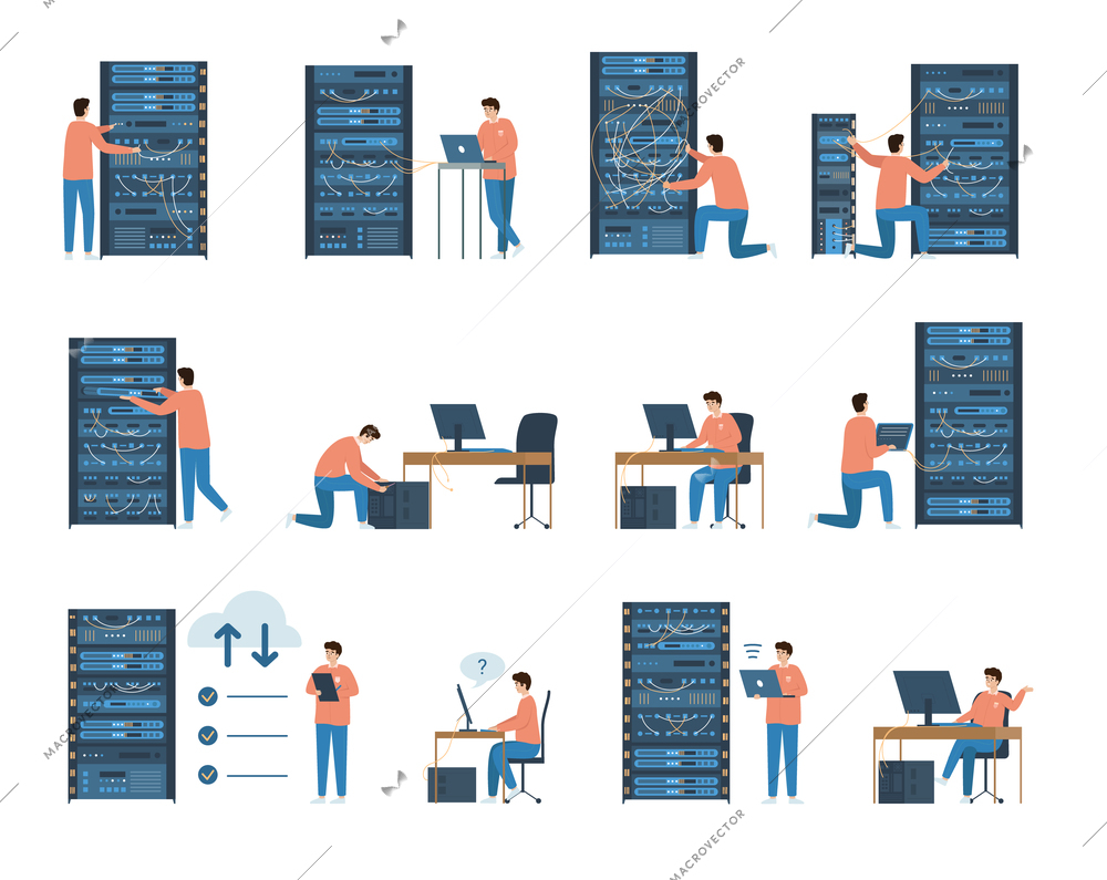 System administrator flat set with isolated icons of computer network infrastructure elements racks and human characters vector illustration