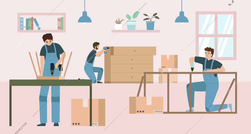 Furniture assembly flat composition with indoor scenery and three male workers with instruments and interior elements vector illustration