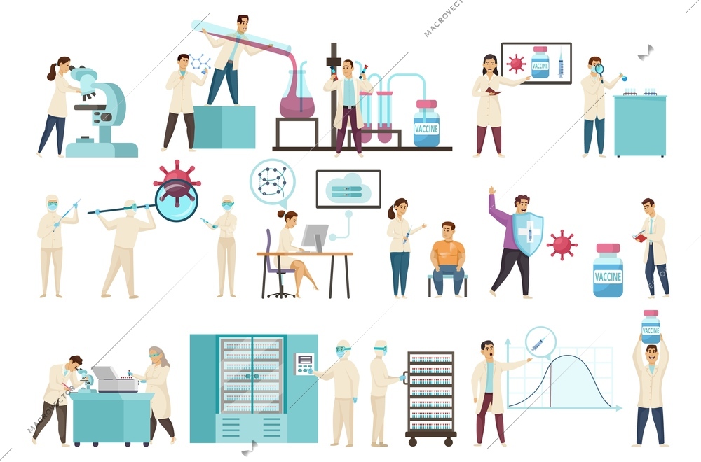 Vaccine scientific laboratory set with flat characters of people fighting virus inventing vaccines with lab equipment vector illustration